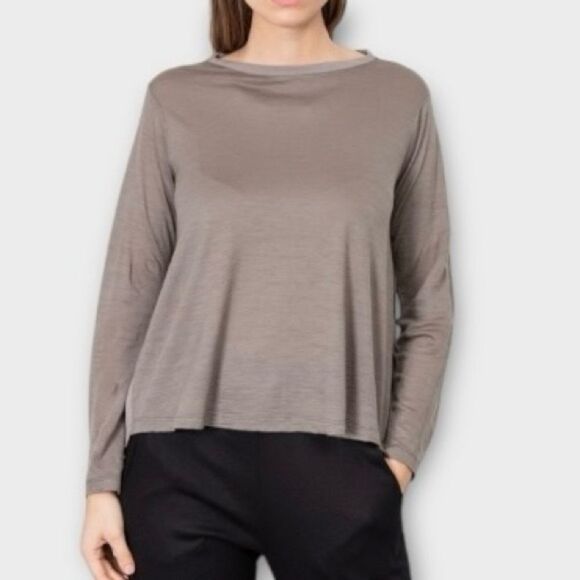 Transit Italy Long Sleeve Crewneck Silk Top in Taupe Women’s Size 2 - Picture 1 of 11
